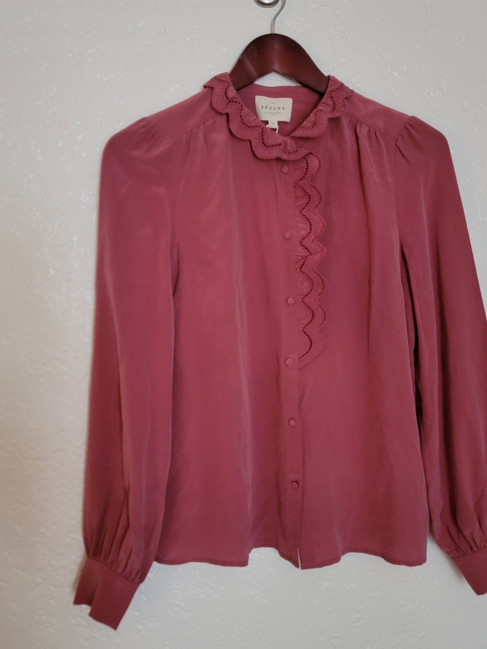 Sezane Silk Dusty Rose Scalloped Ruffle Collar Blouse